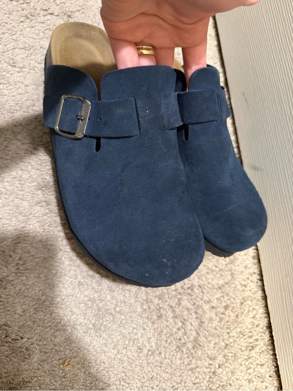 Women's Navy Suede Clog Mules with Buckle